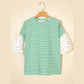 Nella Green Stripe Floral Puff Sleeve Patchwork Round Neck Loose Top