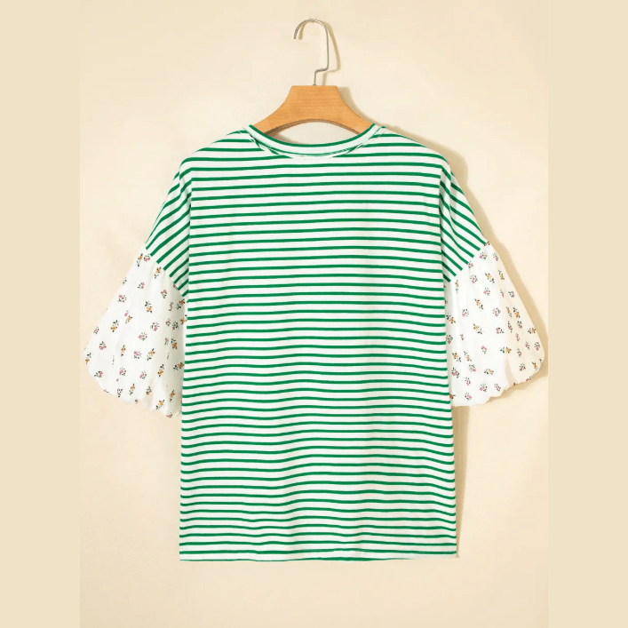 Nella Green Stripe Floral Puff Sleeve Patchwork Round Neck Loose Top