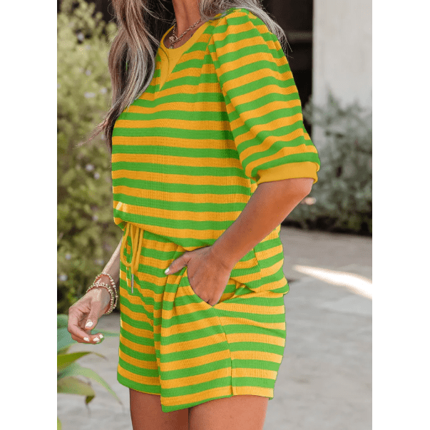 Livia Yellow Stripe Puff Short Sleeve T Shirt Matching Shorts Set