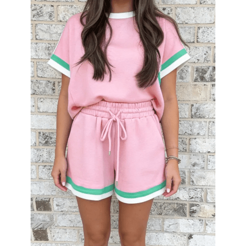 Kandi Bonbon Pink Striped Trim Casual Tee Drawstring Shorts 2pcs Set