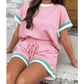Kandi Bonbon Pink Striped Trim Casual Tee Drawstring Shorts 2pcs Set