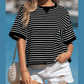 Parker Black Stripe Ribbed Patchwork Seam Detail Half Sleeve Tee