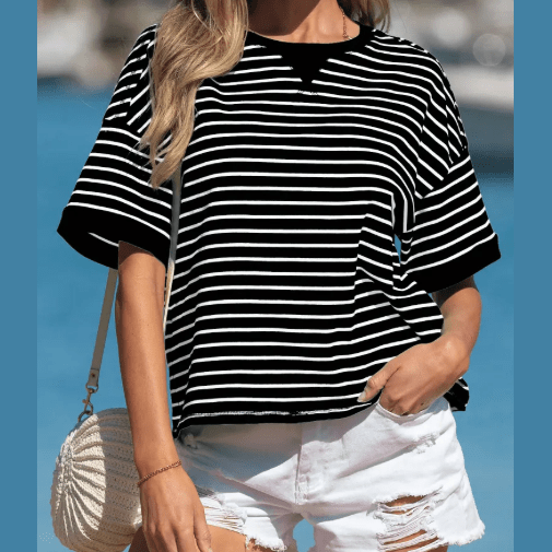 Parker Black Stripe Ribbed Patchwork Seam Detail Half Sleeve Tee