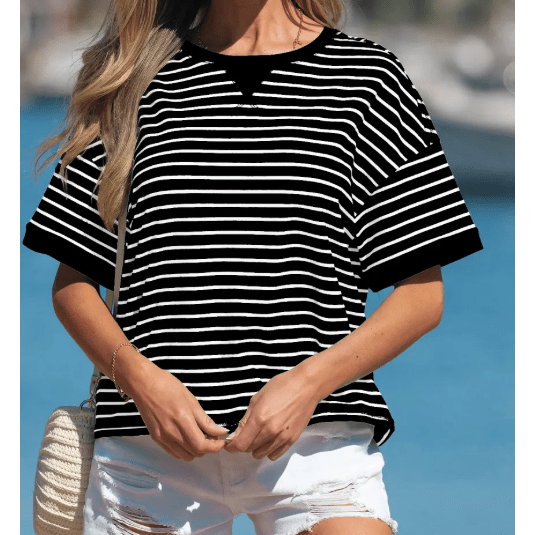 Parker Black Stripe Ribbed Patchwork Seam Detail Half Sleeve Tee