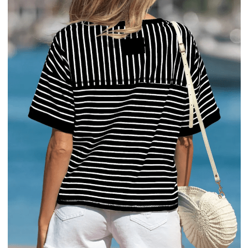 Parker Black Stripe Ribbed Patchwork Seam Detail Half Sleeve Tee