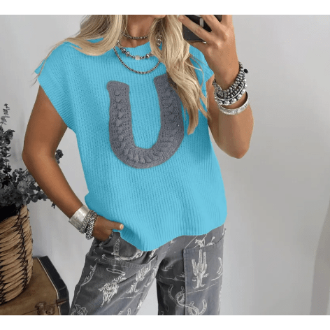 Turquoise Crochet Horseshoe Short Sleeve Knit Sweater