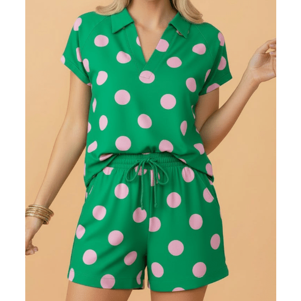 Lucy Green Polka Dot Print V Neck Tee Short Set