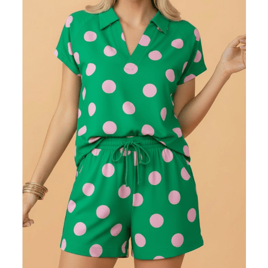Lucy Green Polka Dot Print V Neck Tee Short Set