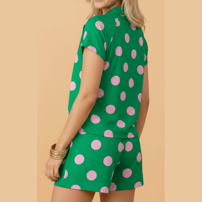 Lucy Green Polka Dot Print V Neck Tee Short Set