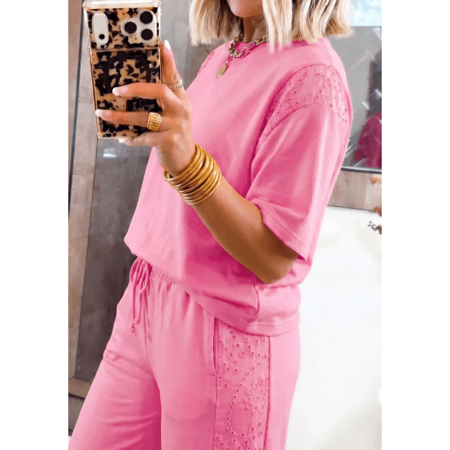 Blaise Pink Lace Patchwork Half Sleeve Top Elastic Waist Pants Two Piece Set