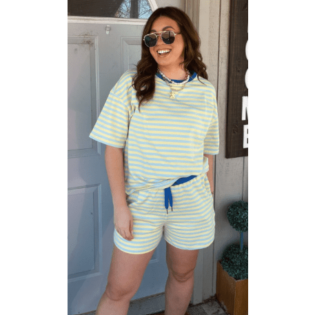 Hollyn Yellow Stripe Drop Shoulder Boxy Casual Terry Short Set
