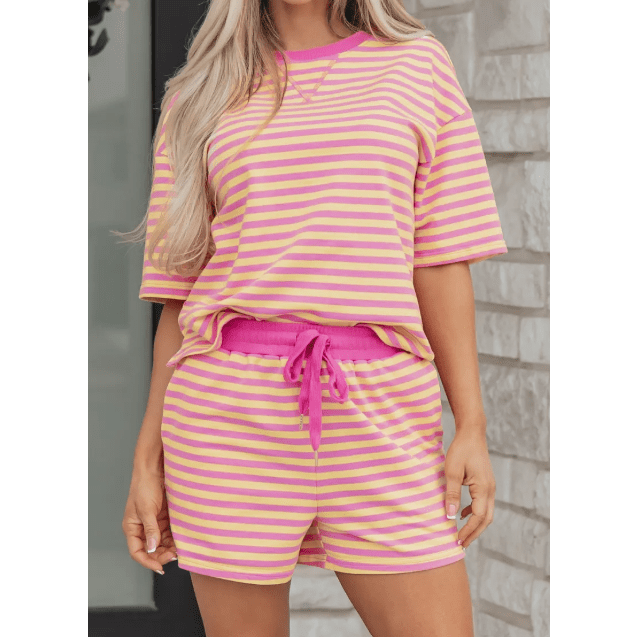 Hollyn Pink Stripe Drop Shoulder Boxy Casual Terry Short Set