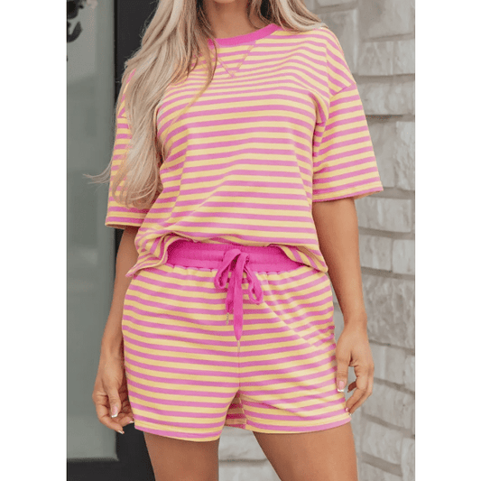 Hollyn Pink Stripe Drop Shoulder Boxy Casual Terry Short Set
