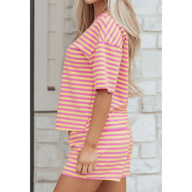Hollyn Pink Stripe Drop Shoulder Boxy Casual Terry Short Set
