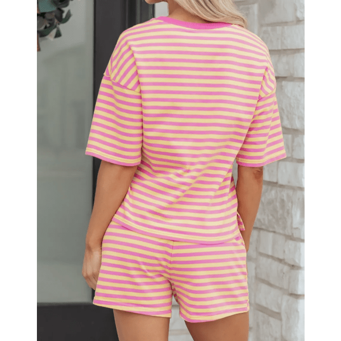 Hollyn Pink Stripe Drop Shoulder Boxy Casual Terry Short Set