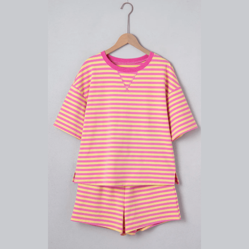 Hollyn Pink Stripe Drop Shoulder Boxy Casual Terry Short Set