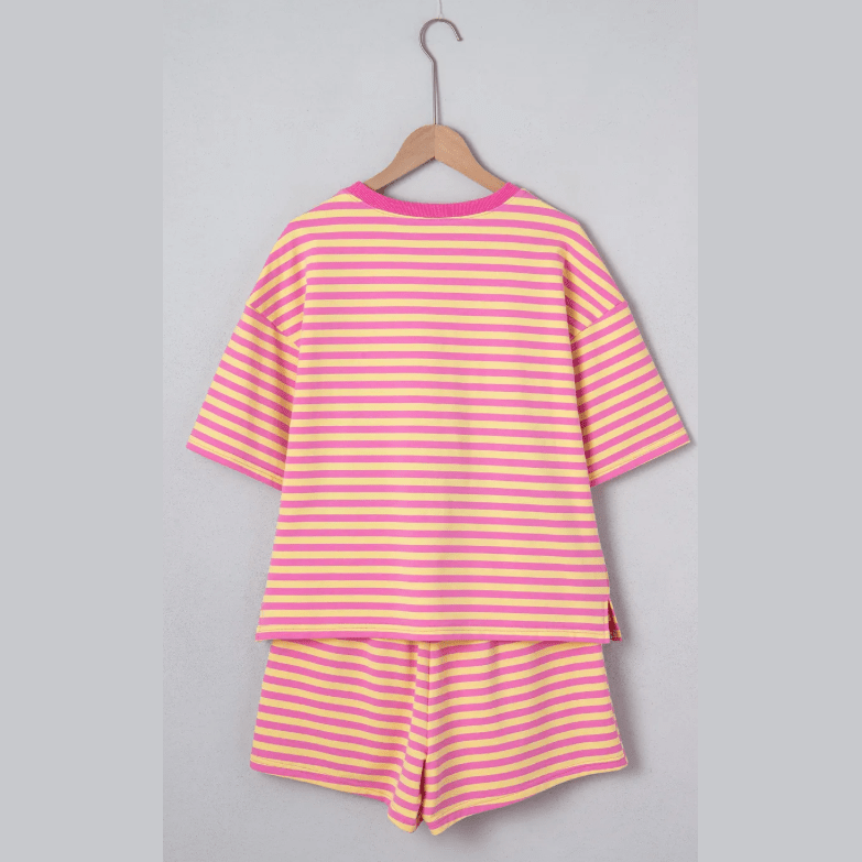 Hollyn Pink Stripe Drop Shoulder Boxy Casual Terry Short Set