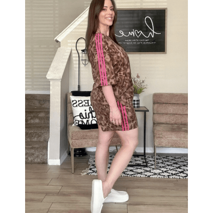 Electra Brown Contrast Striped Accent Leopard Short Set