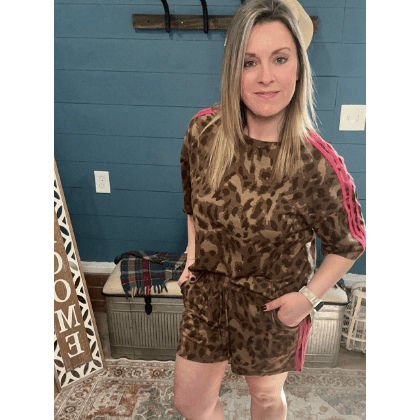 Electra Brown Contrast Striped Accent Leopard Short Set
