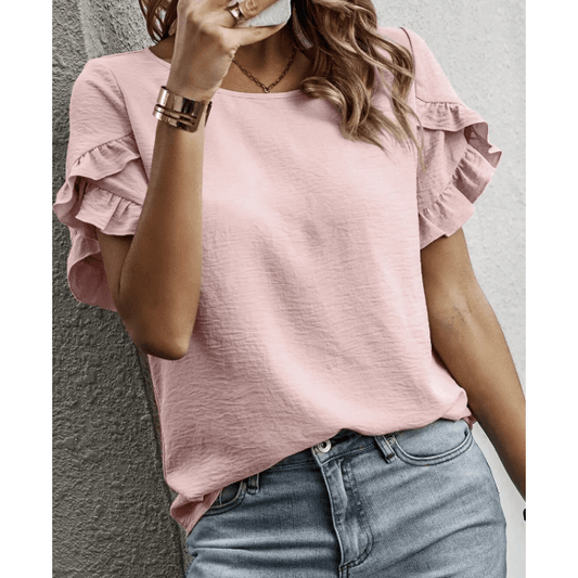 Jeri Pink Ruffle Trim Short Sleeve Blouse