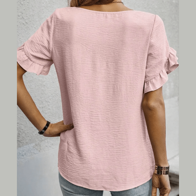 Jeri Pink Ruffle Trim Short Sleeve Blouse