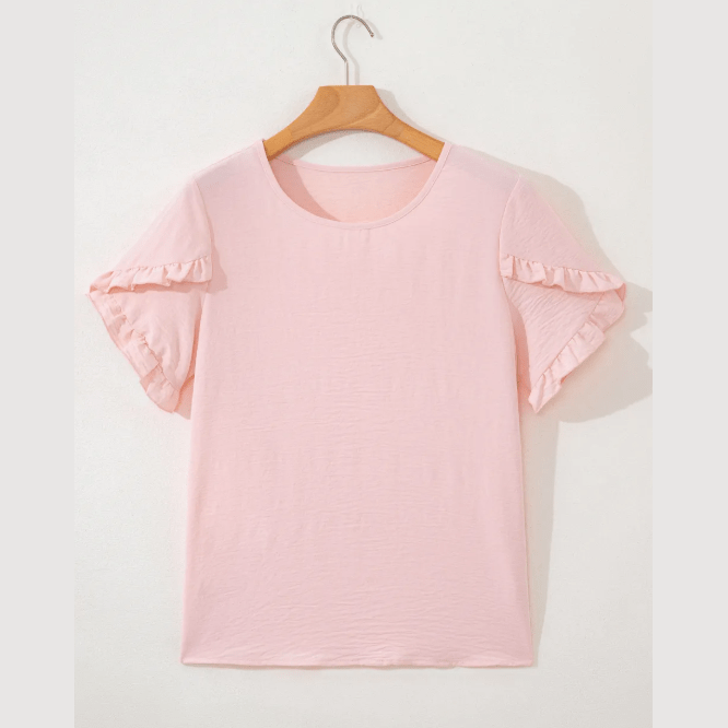 Jeri Pink Ruffle Trim Short Sleeve Blouse
