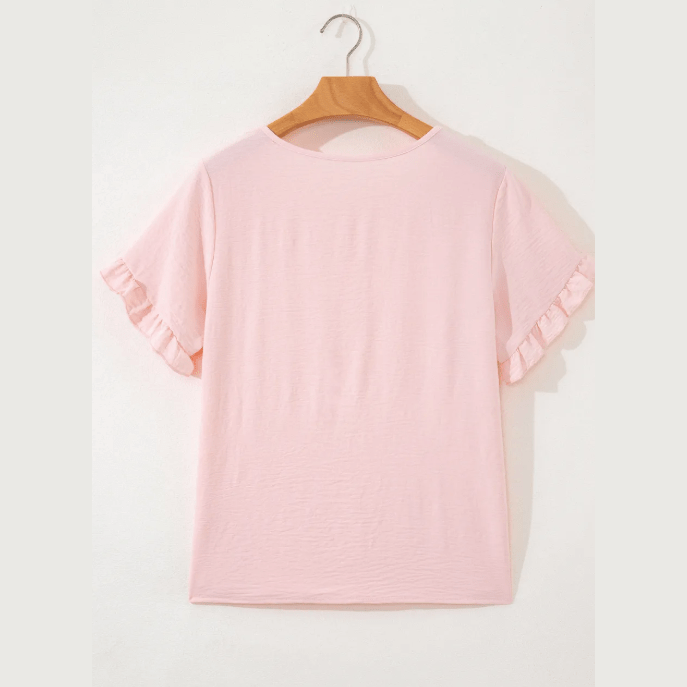 Jeri Pink Ruffle Trim Short Sleeve Blouse