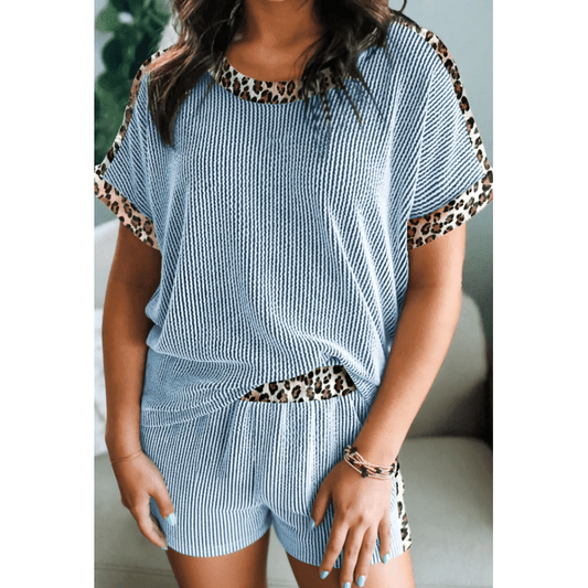 Kenna Blue Leopard Trim Twist Ribbed Short Set