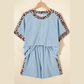 Kenna Blue Leopard Trim Twist Ribbed Short Set