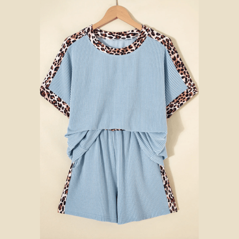 Kenna Blue Leopard Trim Twist Ribbed Short Set