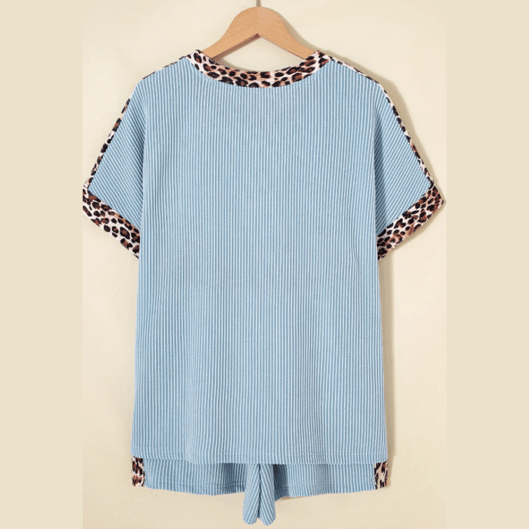 Kenna Blue Leopard Trim Twist Ribbed Short Set