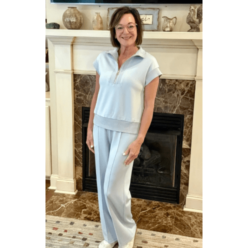 Lara Beau Blue Half Zip Polo Tee Casual Pant Set