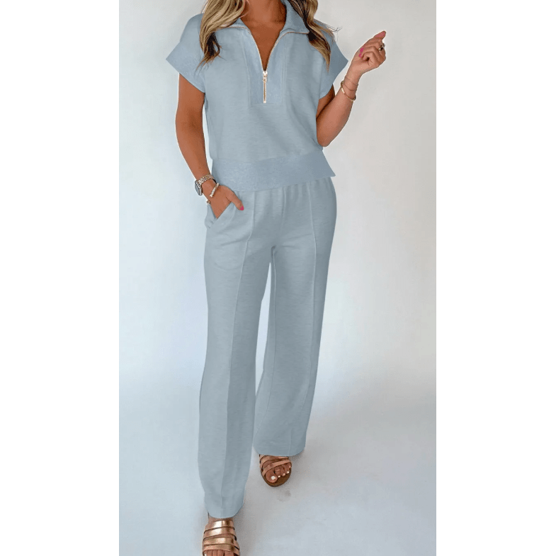 Lara Beau Blue Half Zip Polo Tee Casual Pant Set