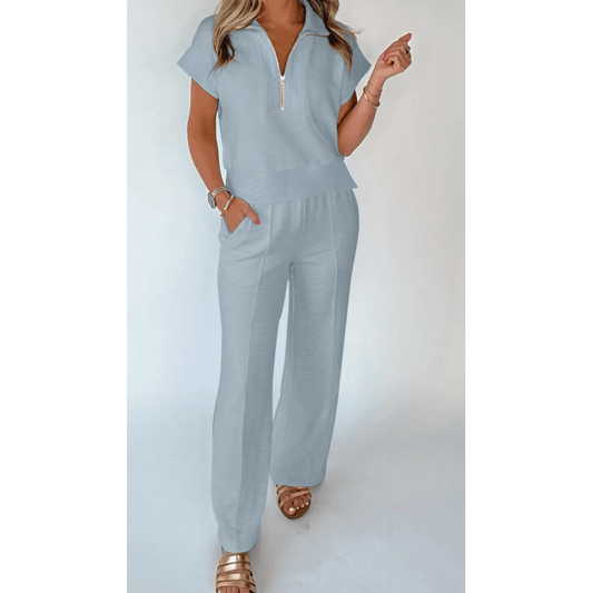 Lara Beau Blue Half Zip Polo Tee Casual Pant Set
