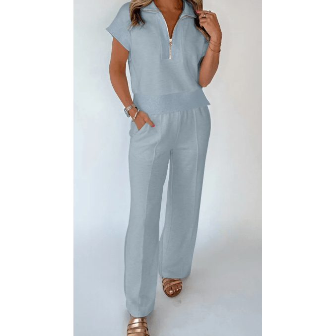 Lara Beau Blue Half Zip Polo Tee Casual Pant Set