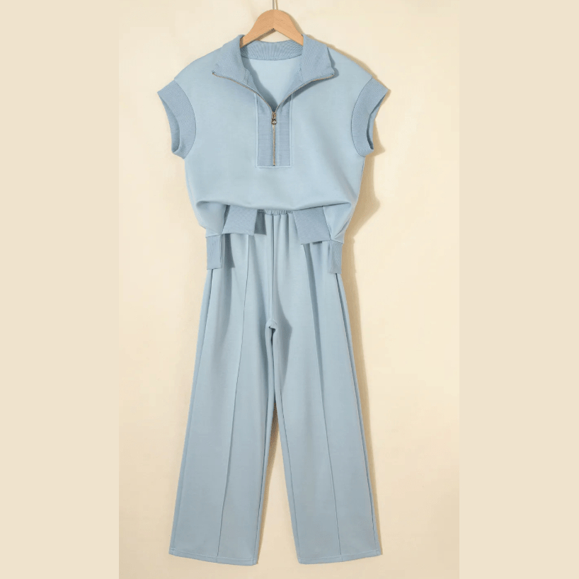 Lara Beau Blue Half Zip Polo Tee Casual Pant Set