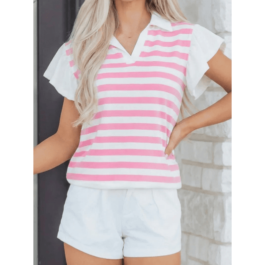 Mayson Pink Stripe Collar V Neck Ruffled Short Sleeve Blouse