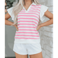 Mayson Pink Stripe Collar V Neck Ruffled Short Sleeve Blouse