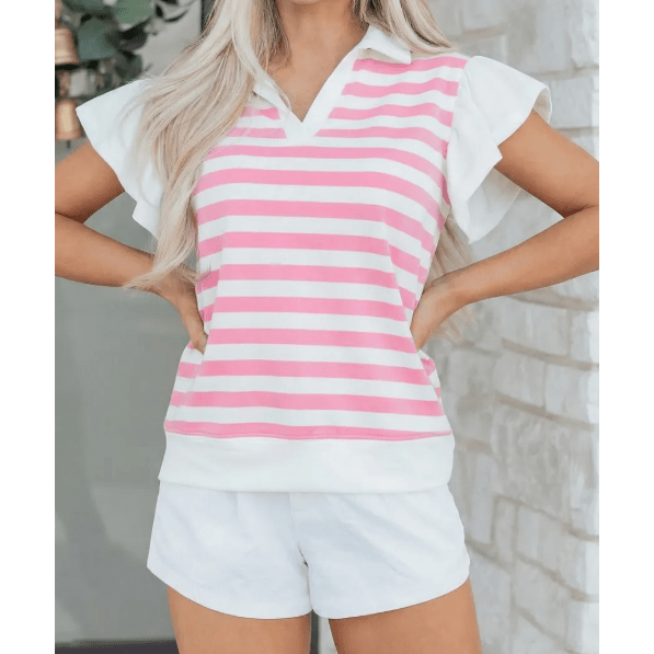 Mayson Pink Stripe Collar V Neck Ruffled Short Sleeve Blouse