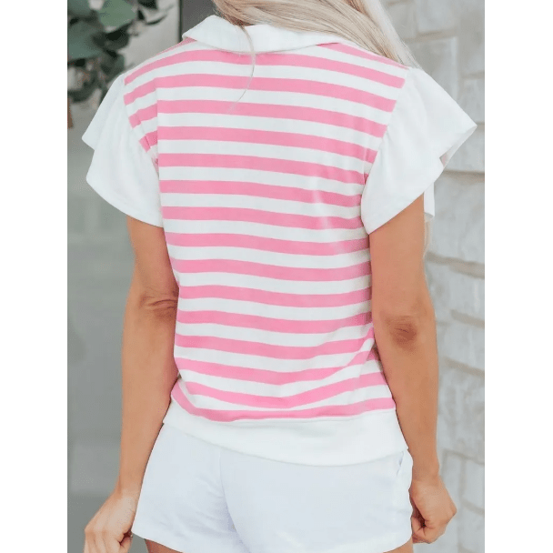 Mayson Pink Stripe Collar V Neck Ruffled Short Sleeve Blouse