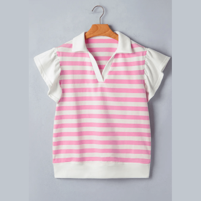 Mayson Pink Stripe Collar V Neck Ruffled Short Sleeve Blouse