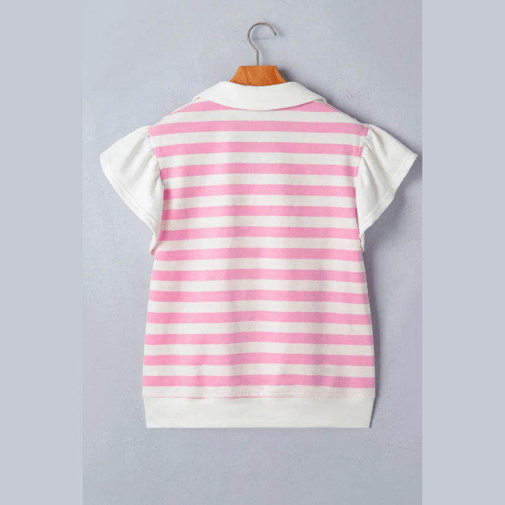 Mayson Pink Stripe Collar V Neck Ruffled Short Sleeve Blouse