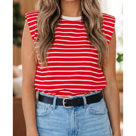 Tana Red Stripe Ribbed Round Neck Trim Loose Tank Top
