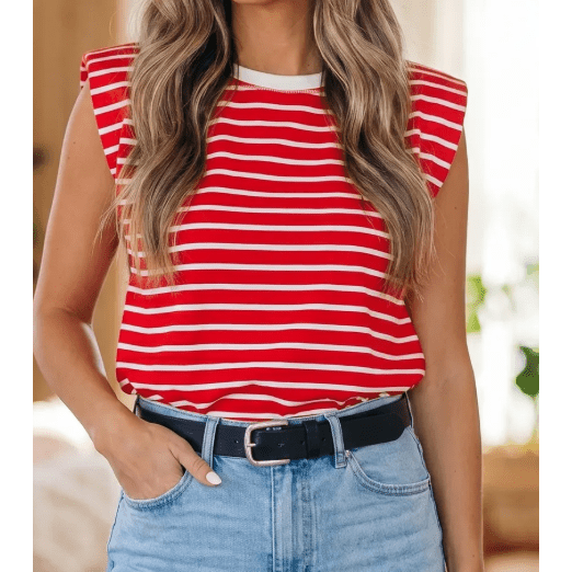 Tana Red Stripe Ribbed Round Neck Trim Loose Tank Top