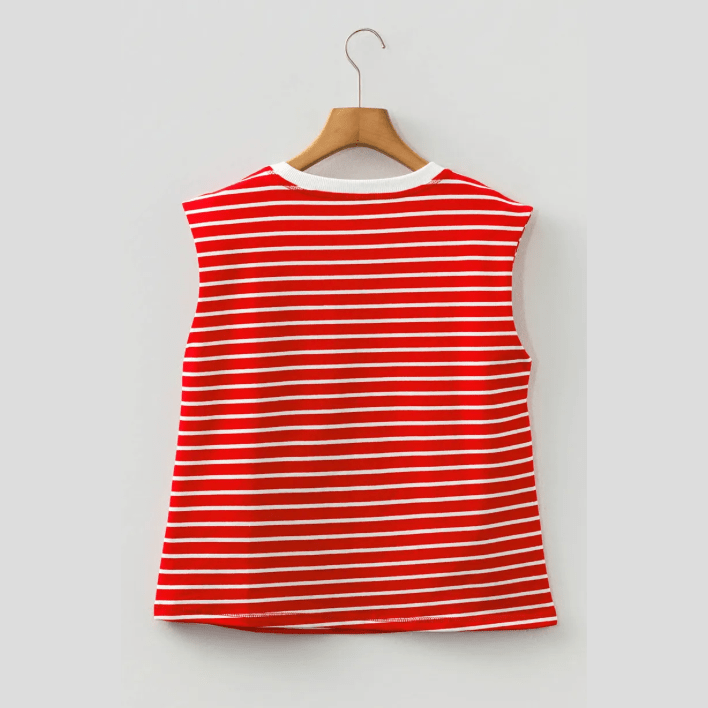 Tana Red Stripe Ribbed Round Neck Trim Loose Tank Top