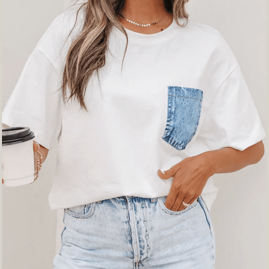 Jeanann White Color Block Chest Pocket Patched Casual Short Sleeve Top
