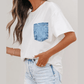 Jeanann White Color Block Chest Pocket Patched Casual Short Sleeve Top
