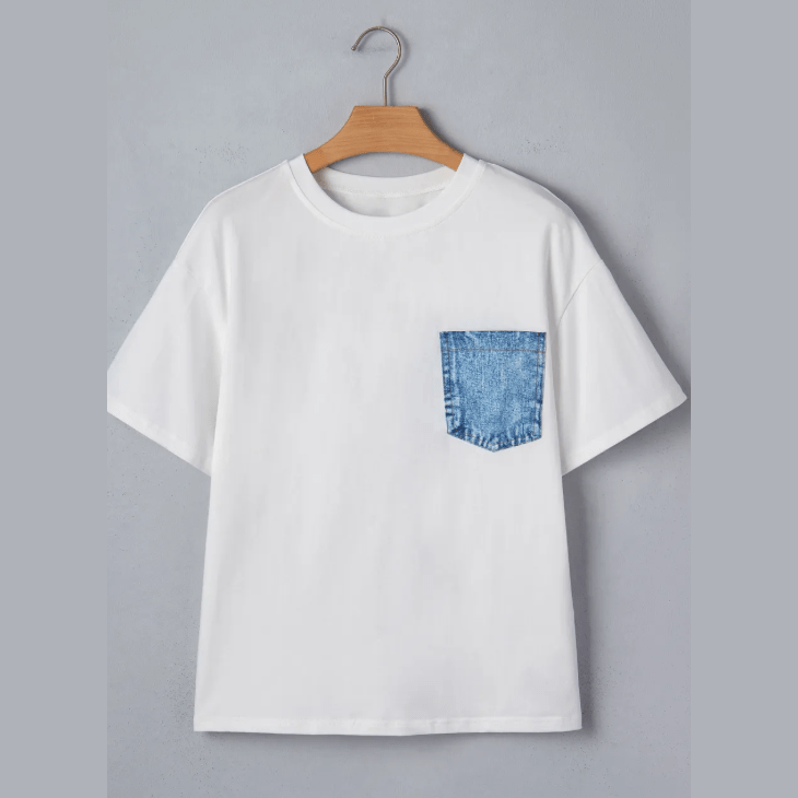 Jeanann White Color Block Chest Pocket Patched Casual Short Sleeve Top