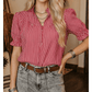 Joselle Red Stripe Ruffled Short Puff Sleeve Button Front Blouse