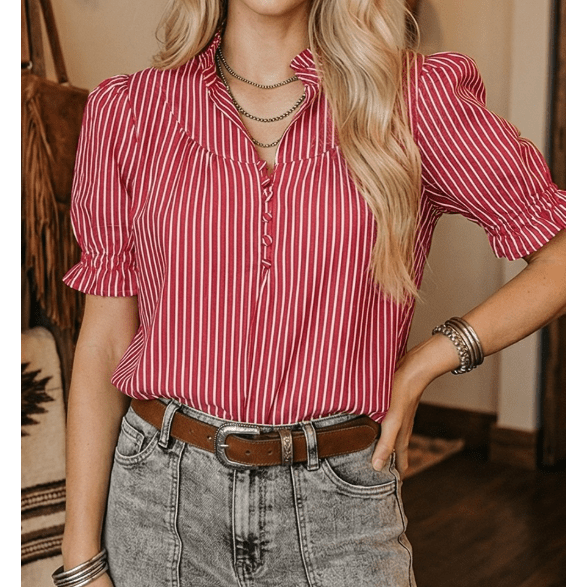 Joselle Red Stripe Ruffled Short Puff Sleeve Button Front Blouse